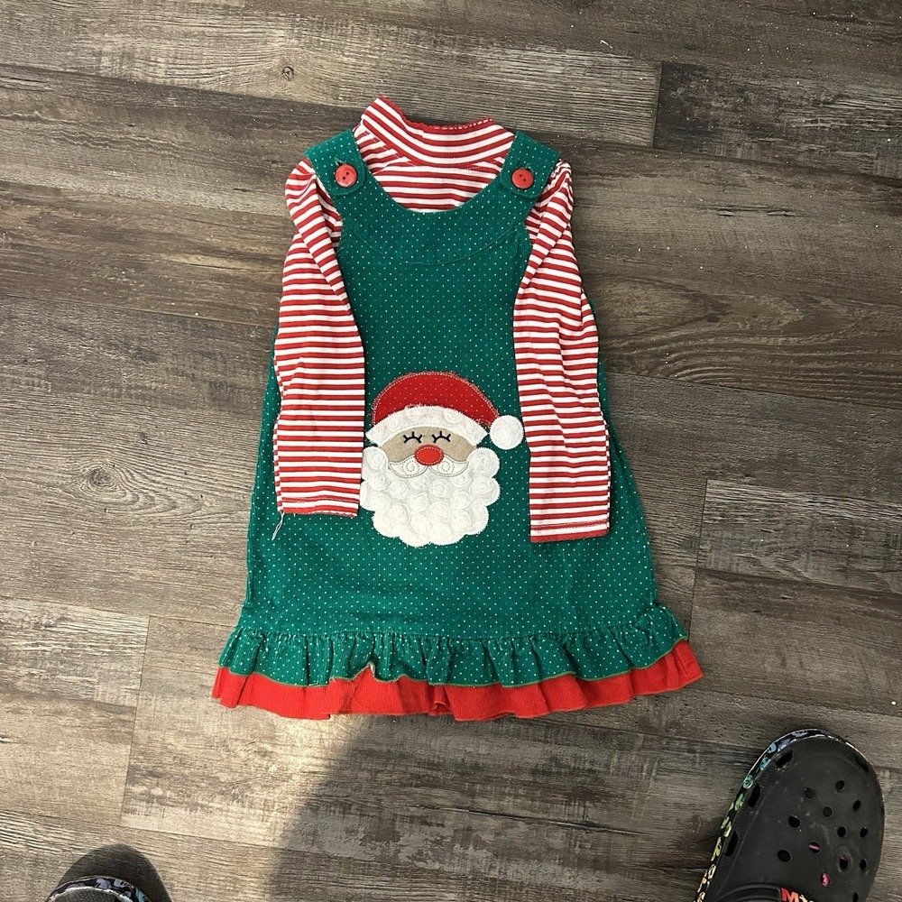 Nannette‎  Girls 3T Christmas Santa Jumper Dress and Striped Top Set Green Red